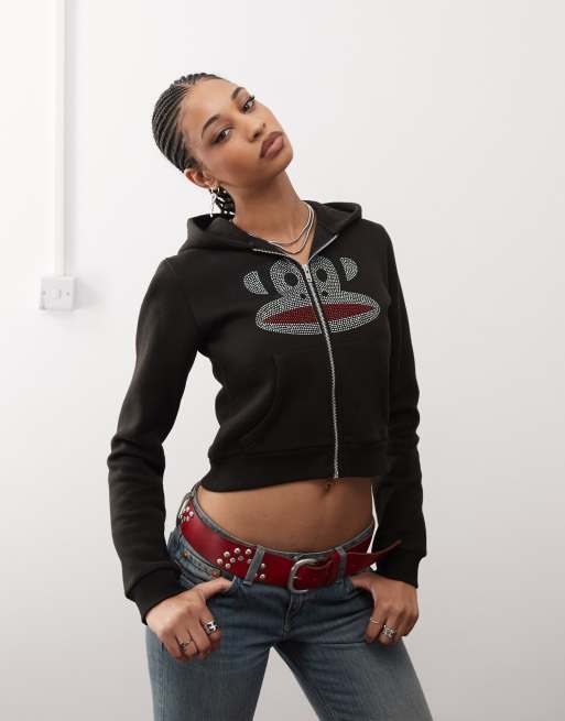Daisy Street x Paul Frank rhinestone graphic zip up hoodie in black