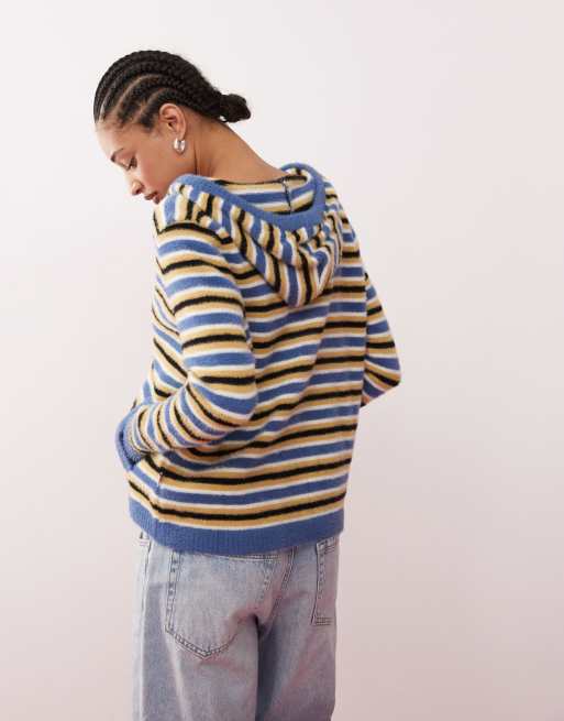 Daisy Street x Paul Frank striped fluffy zip through knitted top
