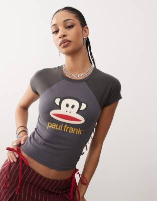 Daisy Street x Paul Frank tonal raglan shrunken t-shirt in grey