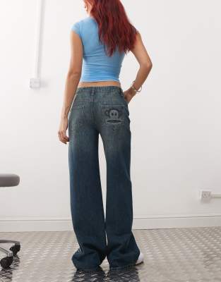 Shop Daisy Street X Paul Frank Wide Leg Denim Jeans With Diamante Logo And Back Pocket Detail-blue