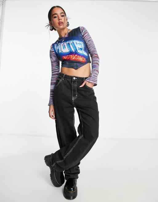 Daisy Street Y2K crop top with contrast knit sleeves, 3 of 4