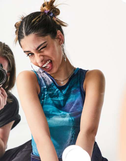 Daisy Street Y2K cropped tank top in ocean mesh