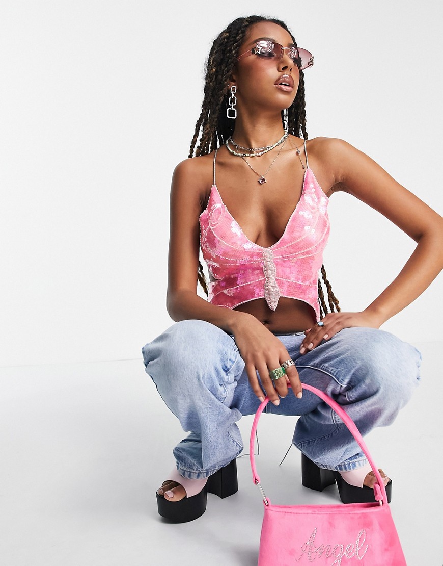 Daisy Street Y2K strappy butterfly crop top in sequins-Pink