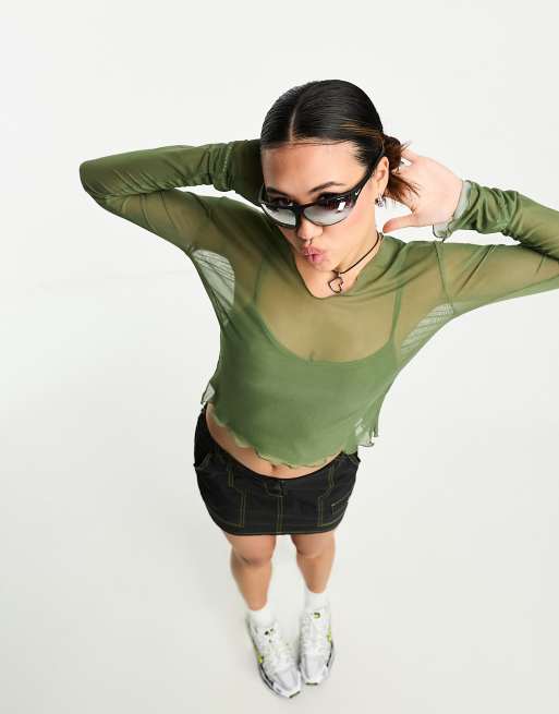 Daisy Street - Y2K top van mesh met dubbele laag in groen, 4 van 4