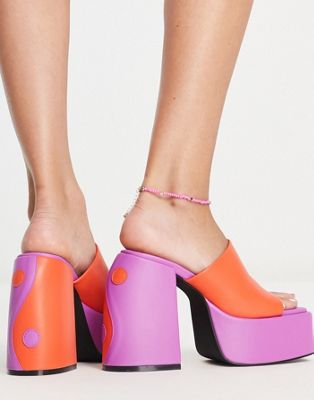 Daisy Street ying yang print heeled mules in purple and orange