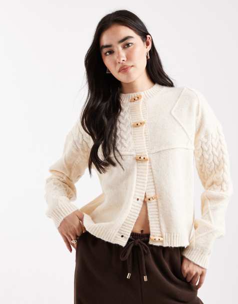 Daisy Street cable knit cardigan with brown toggles in cream