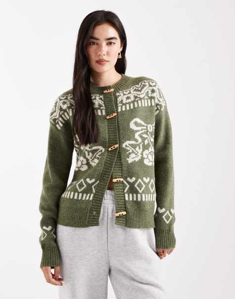 Daisy Street boxy cardigan with floral graphic and toggles in olive