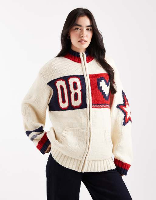 Daisy Street – Zapinany na zamek kremowy kardigan oversize z kolorową sportową grafiką