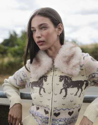 Daisy Street Zip Down Equestrian Knit With Faux Fur Collar In Neutral
