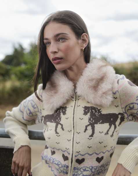 Daisy Street zip down equestrian knit with faux fur collar in multi print - view 1