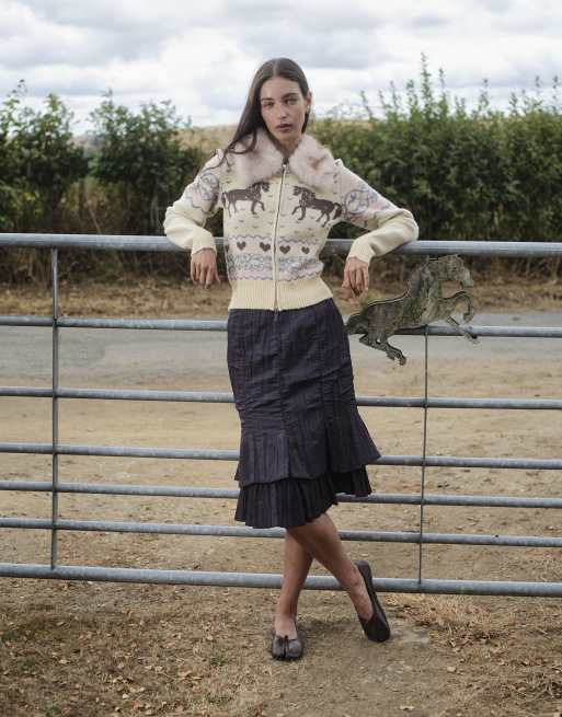 Daisy Street zip down equestrian knit with faux fur collar in multi print, 2 of 4