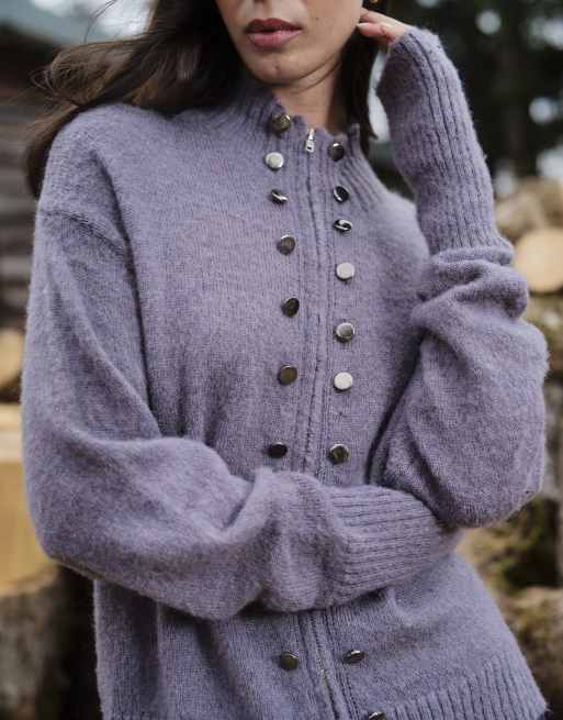 Daisy Street zip through fluffy cardigan with rivets in purple, 2 of 4