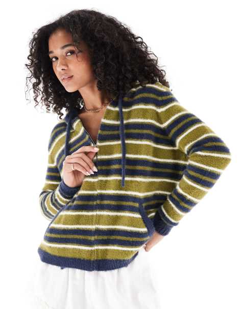 Daisy Street zip-through fluffy knit cardigan with hood in navy and olive green stripe - view 1