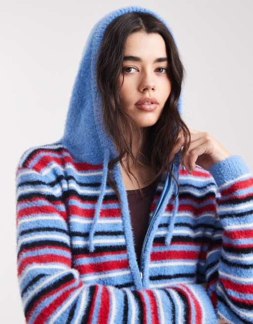 Daisy Street zip through fluffy knit with hood in blue and red stripe, 2 of 4