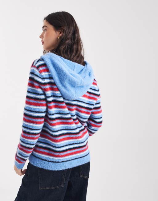 Daisy Street zip through fluffy knit with hood in blue and red stripe, 4 of 4