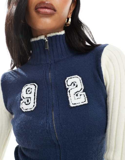 Daisy Street zip through high neck fitted cardigan in cream and navy, 2 of 4
