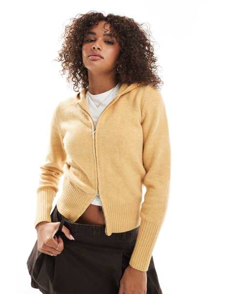 Daisy Street zip through knit jumper in mustard - view 1
