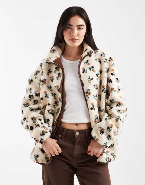 Daisy Street zip through printed borg jacket with contrast brown binding in cream ditsy - view 1