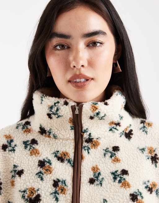 Daisy Street zip through printed borg jacket with contrast brown binding in cream ditsy, 3 of 4