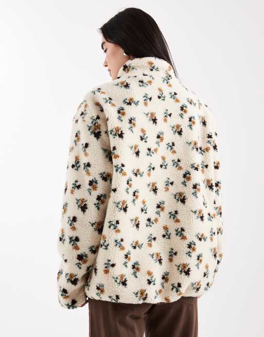 Daisy Street zip through printed borg jacket with contrast brown binding in cream ditsy, 4 of 4