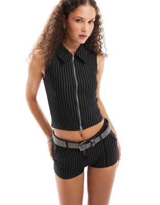 Daisy Street zip through singlet in black and white pinstripe part