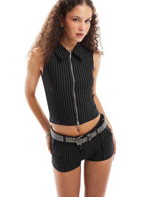 Daisy Street zip through singlet in black and white pinstripe (part of a set)
