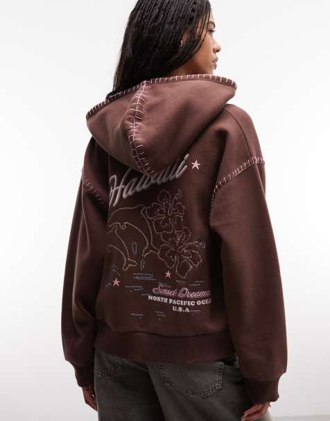 Daisy Street zip up blanket stitch oversized hoodie with floral embroidery in brown - view 1