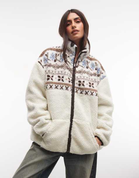 Daisy Street zip up borg jacket in cream fairisle - view 1