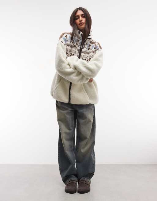 Daisy Street zip up borg jacket in cream fairisle, 2 of 4
