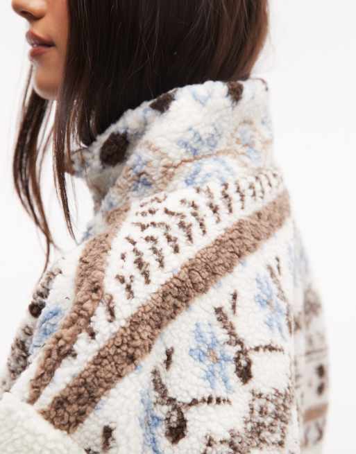 Daisy Street zip up borg jacket in cream fairisle, 3 of 4