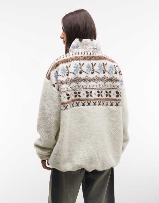 Daisy Street zip up borg jacket in cream fairisle, 4 of 4