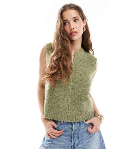 Daisy Street zip up boucle crew neck vest in olive - view 1