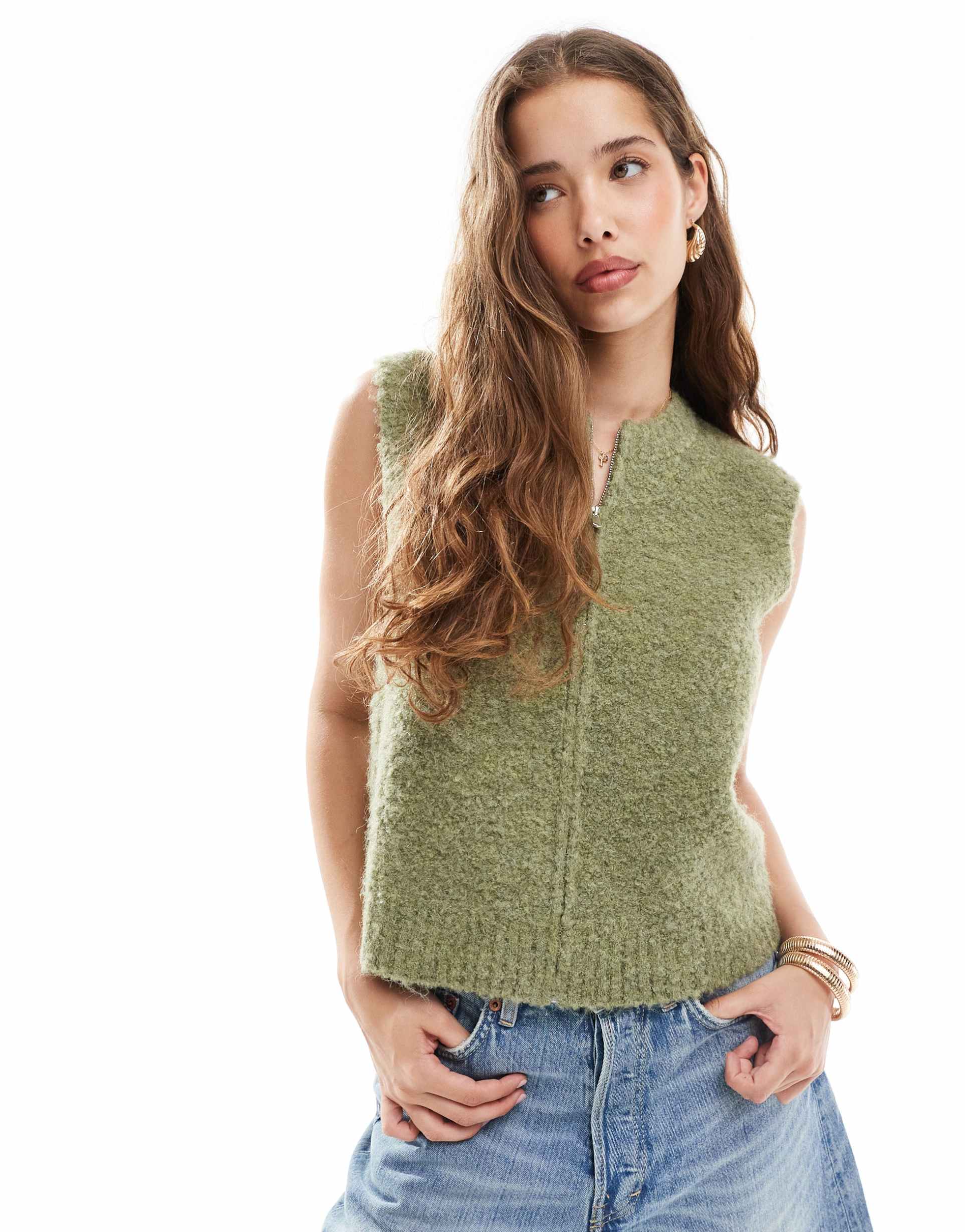 daisy street zip up boucle crew neck vest in olive