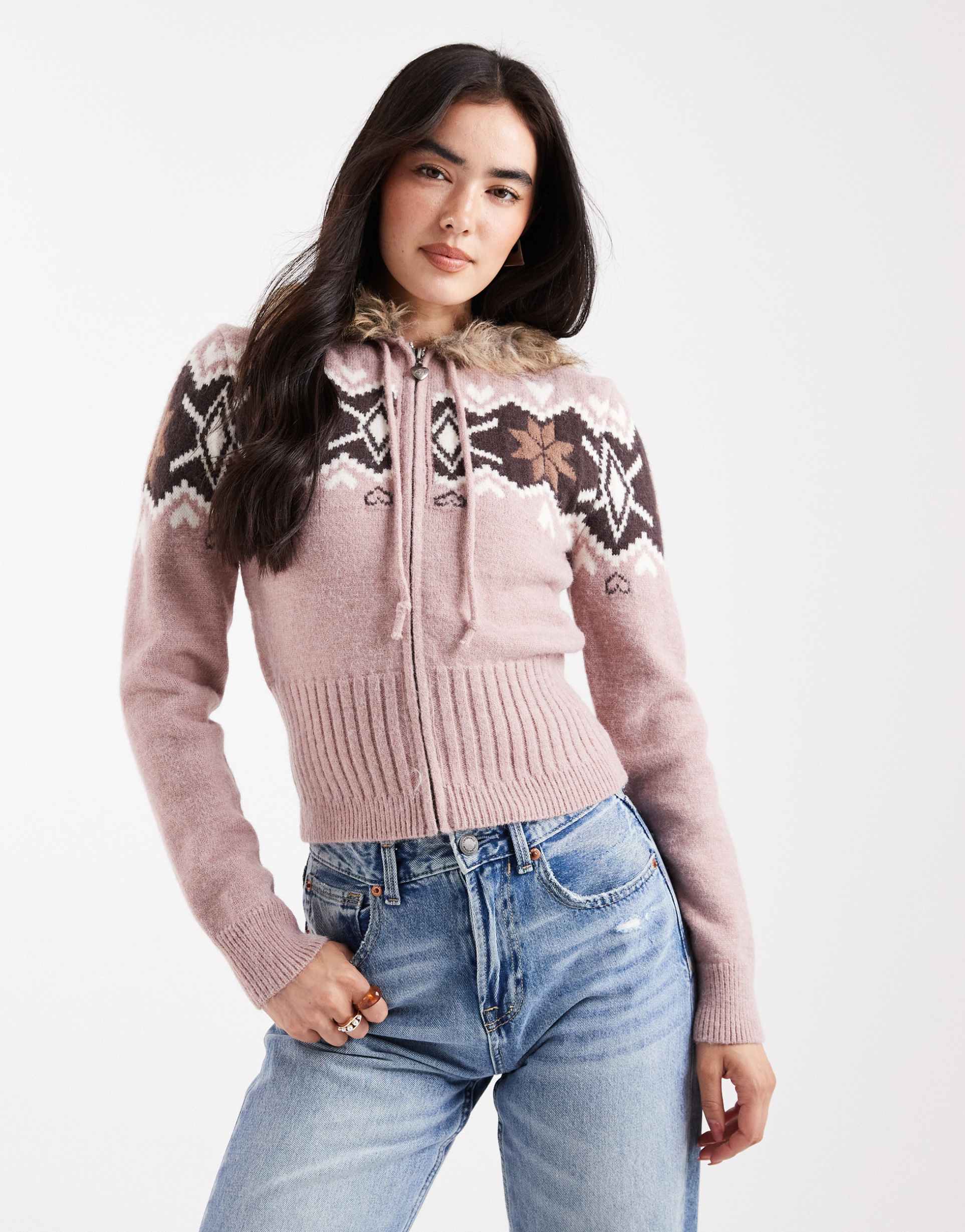 daisy street zip up faux fur cardigan in dusky pink