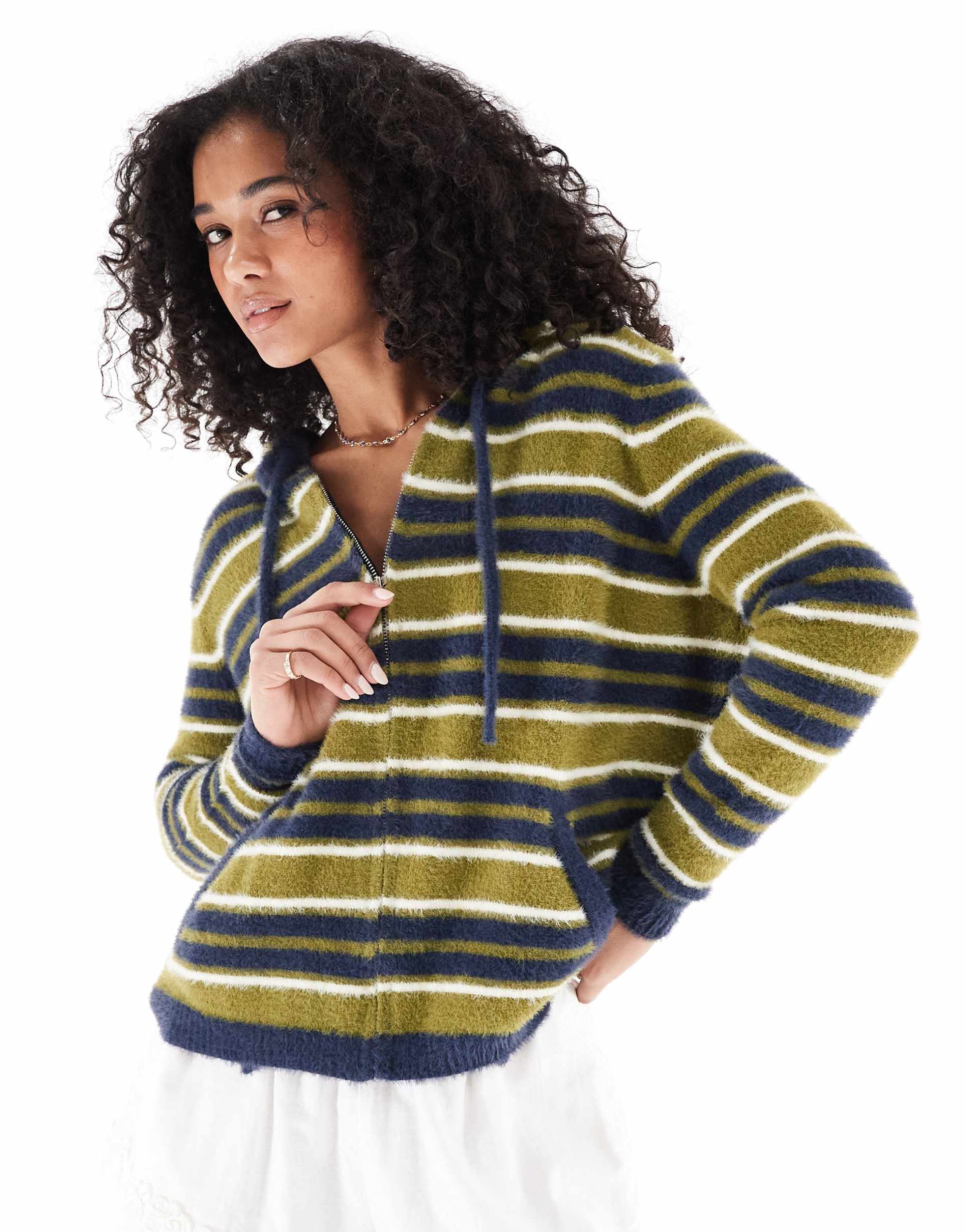 daisy street zip up fluffy knit cardigan with hood in navy and olive green stripe