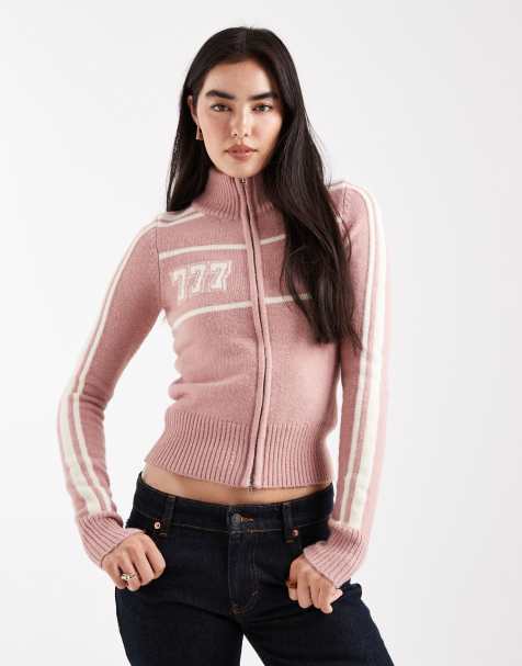 Daisy Street zip up high neck angel number knit in pink and cream - view 1