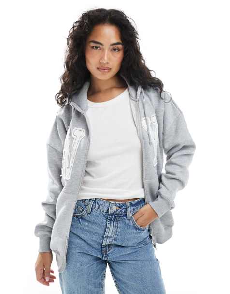 Daisy Street zip up hoodie with graphic in grey marl - view 1