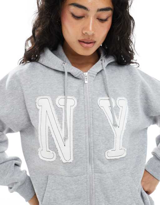 Daisy Street zip up hoodie with graphic in heather gray, 3 of 4