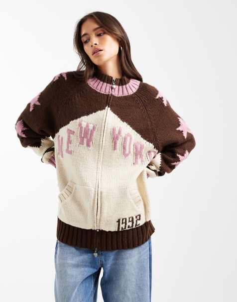 Daisy Street zip up knit cardigan with new york graphics in brown and pink - view 1