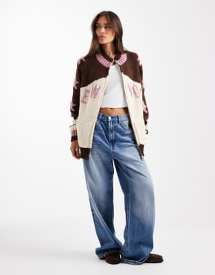 Daisy Street Zip Up Knit Cardigan With New York Graphics In Multi