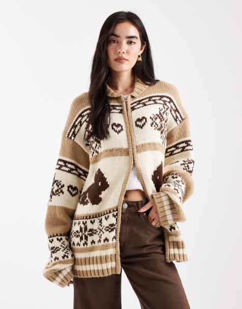 Daisy Street zip up oversized cardigan with bunny graphic in brown multi - view 1