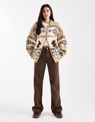 Daisy Street Zip Up Oversized Cardigan With Bunny Graphic In Multi