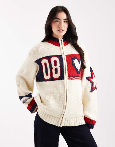 Daisy Street zip up oversized cardigan with sporty graphic in cream multi - view 1