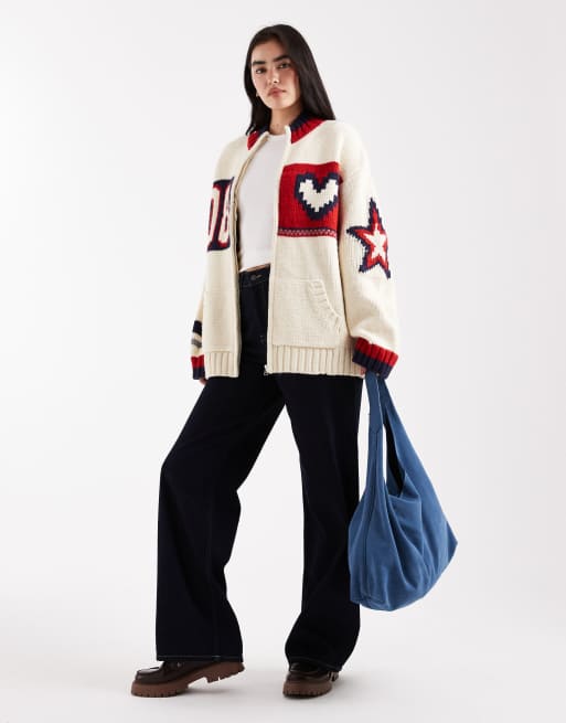 Daisy Street zip up oversized cardigan with sporty graphic in cream multi, 2 of 4