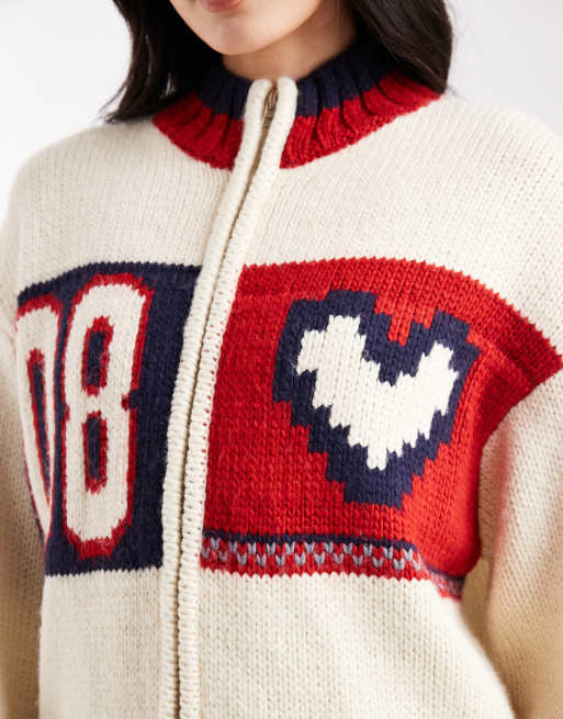 Daisy Street zip up oversized cardigan with sporty graphic in cream multi, 3 of 4