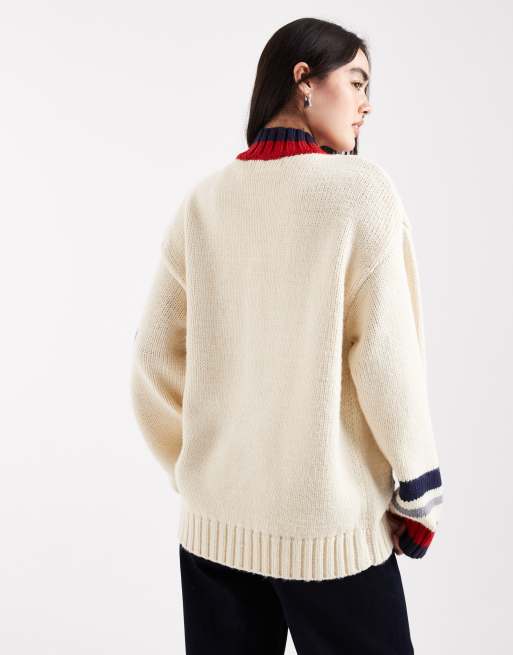 Daisy Street zip up oversized cardigan with sporty graphic in cream multi, 4 of 4
