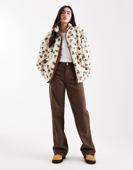 Daisy Street zip up printed borg jacket with contrast brown