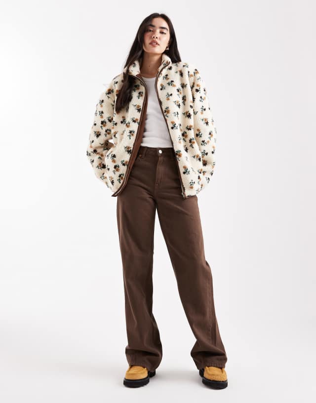 Daisy Street zip up printed borg jacket with contrast brown