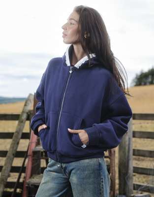 Daisy Street T Zip Up Boxy Hoodie With Broderie Hood Trim In Blue