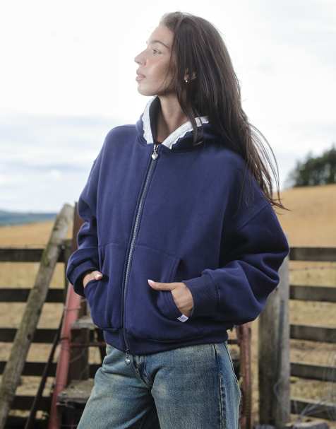 Daisy Streett zip up boxy hoodie with broderie hood trim in navy - view 1